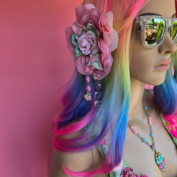 "Pink Shimmer Rose" Handmade Hair Clip - Velvet Rose and Vintage Upcycle Flapper - Picture 13 of 15